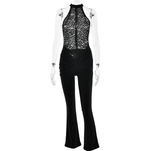 Sexy black lace halter jumpsuit with ruched waist and slim fit flare pants for women