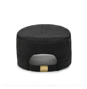Back view of black flat top cap with breathable mesh and adjustable gold metal buckle