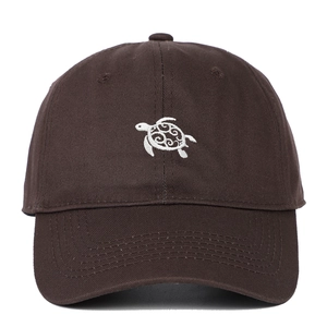 Dark brown cotton baseball cap featuring white turtle embroidery and six-panel structure