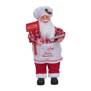 Standing Christmas chef Santa figurine in red plaid shirt with Welcome sign ornament