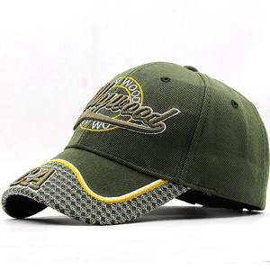 Detail of olive green baseball cap with 3D Hollywood embroidery and LA patterned brim
