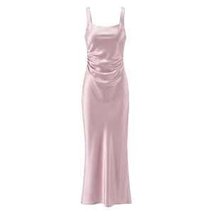 Elegant pink satin slip dress with side ruching and fishtail hem on white background