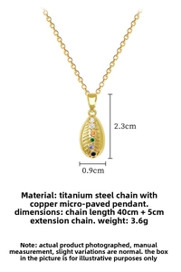 Detailed view of titanium steel necklace with colorful zircon stones on gold leaf pendant
