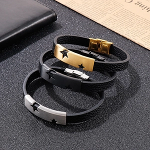 Mens leather bracelets set with stainless steel star hollow tubes in gold black silver