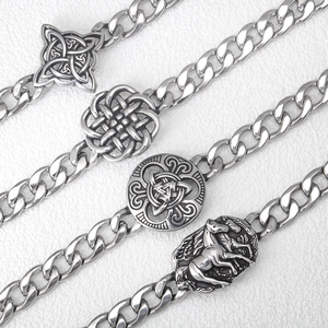 Punk style stainless steel Cuban link bracelets with Celtic knot and shield charms