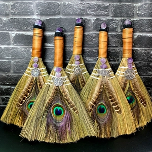 Handmade Amethyst Witch Besom Altar Decor With Peacock Feather Natural Straw Crystal Healing Ornament For Halloween Ritual