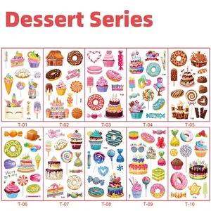 Detail view of 10 assorted waterproof cartoon dessert tattoo stickers for children
