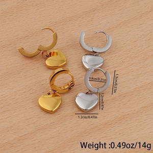 Detail showing dimensions and weight of polished heart pendant hoop earrings in gold and silver