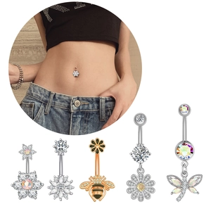 Zircon belly rings set featuring bee, flower and dragonfly designs in silver and rose gold