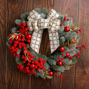 Christmas Wreath With Red Berries Plaid Bow Gold Leaves Plastic Foam Fabric Front Door Wall Hanging Festive Ornament