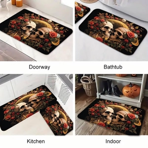 Detail of Halloween skull and red rose bath mat showing absorbent flannel material quality