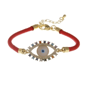 Adjustable red woven Evil Eye bracelet with gold-plated zircon and shell details