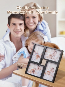 Detail of a black modern 4-frame collage photo display on a light wooden table surface