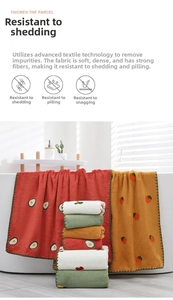 Detailed close-up of thick coral fleece towel with fruit embroidery hanging on bathtub
