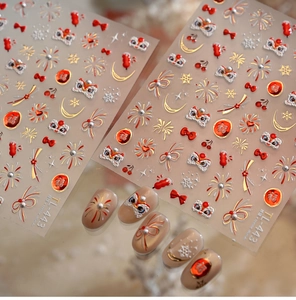 Macro detail of TL-443 3D embossed nail stickers featuring lion dance and firework motifs