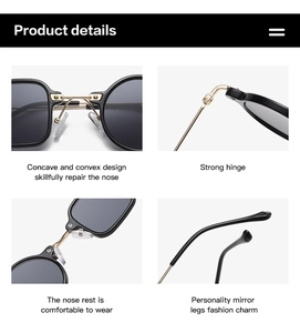 Détails de lunettes de soleil TR90 montrant plaquettes, charnières et monture noir et or