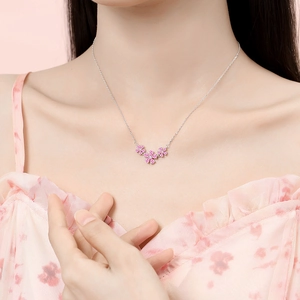 S925 silver necklace featuring three delicate pink flower pendants with fine zircon stones
