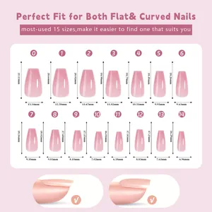 Size chart showing 15 different specifications for nude press-on nails with measurements
