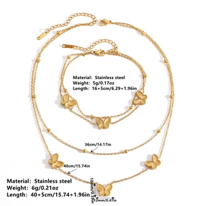 Ensemble collier double couche et bracelet papillon en acier inoxydable doré avec tailles