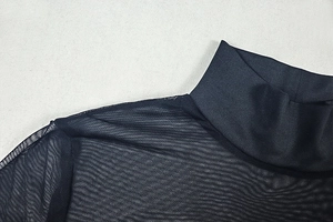 Detail of high neck mesh top showing delicate stitching and sheer black fabric texture