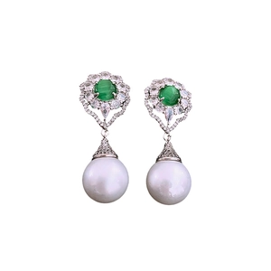 Vintage style earrings with green gemstones, white pearls and sparkling zircon accents