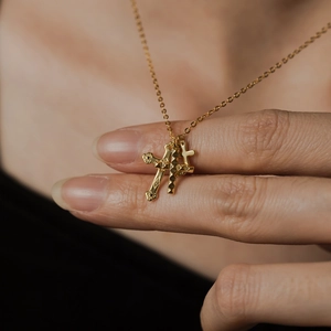 Retro S925 silver layered gold cross pendant necklace featuring intricate hip-hop style design