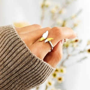 Elegant S925 sterling silver butterfly ring with two-tone gold and silver finish for women