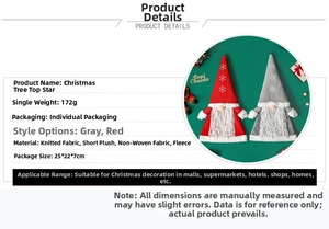 Close-up of knitted Christmas tree topper gnomes in grey and red festive colors