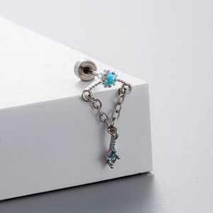 Silver titanium steel stud earring featuring blue pentagram star and chain pendant