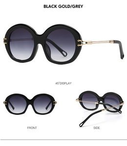 Multi-angle views of retro round sunglasses in black gold frame with grey gradient lenses