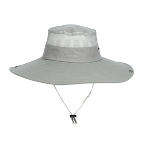 Macro detail of breathable white mesh and embroidered mountain logo on wide brim sun hat