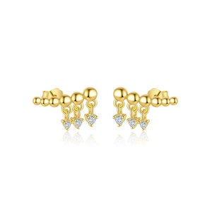 S925 sterling silver gold beaded earrings with three sparkling tassels on white background