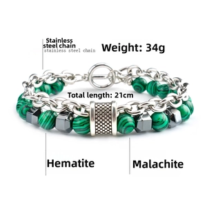 Detailed view of 21cm men's malachite and hematite beaded bracelet with OT toggle clasp
