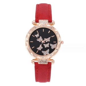 Fashionable red leather strap watch for women with sparkling butterfly dial and rose gold case