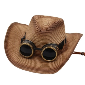 Chapeau de paille de cowboy vintage marron avec lunettes steampunk et cordon perlé