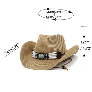 Detail of bohemian straw hat showing ethnic beaded band and 7cm brim measurements