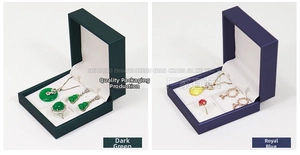Detail of luxury jewelry box set in dark green and royal blue with soft cream flocking