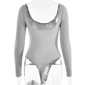 Detail view of grey ribbed long sleeve bodysuit with sexy backless and U-neck design