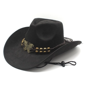 Classic black suede western cowboy hat with a metal butterfly charm and chin strap