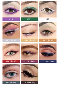 Detailopname van 11 kleuren eyeliner-gel op ogen met matte en glanzende afwerking