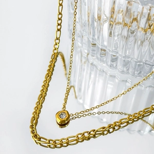 18K gold plated titanium steel double layer necklace with rhinestone pendant and paperclip chain