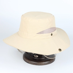 Beige outdoor fishing sun hat with breathable mesh and adjustable chin strap