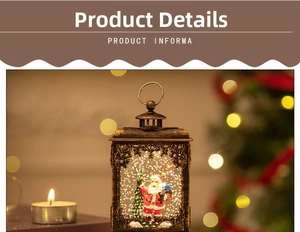Macro shot of vintage bronze Christmas lantern with Santa figurine and swirling glitter