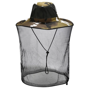 Detail of camouflage sun hat featuring a fine mesh face net and adjustable neck drawstring