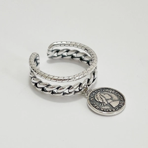 925 Sterling Silver Adjustable Open Ring Elizabeth II Coin Pendant Chain Design Geometric Vintage Style For Women