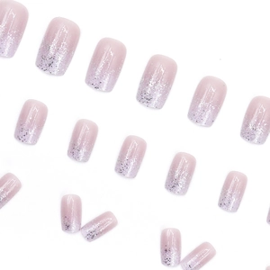Pink and grey gradient press-on nails with silver glitter finish in square-oval shape