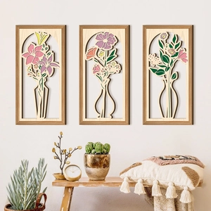 French style 3-piece wooden hollow wall art set featuring floral vase designs in light wood