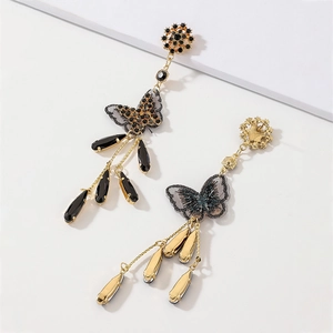 Elegant vintage black crystal butterfly tassel earrings in gold metal and mesh fabric