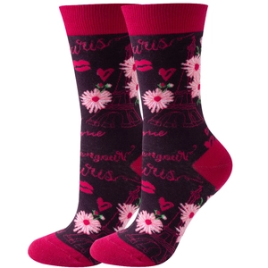 Detailed knit pattern of purple crew socks with Paris Eiffel Tower and Bonjour motifs