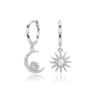 Asymmetric S925 sterling silver moon and star hoop earrings with sparkling zircon
